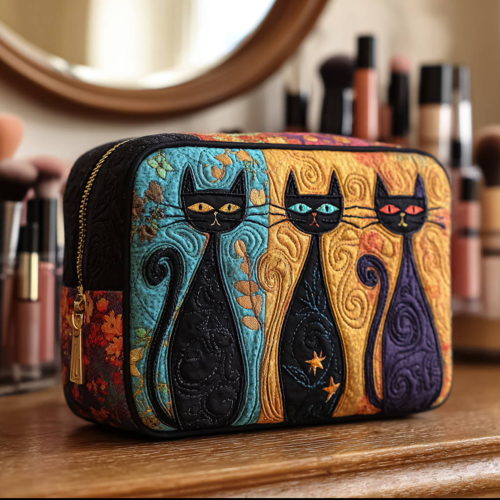 Cat Wonder quilted make-up bag with tall cats in black, teal and purple on colour blocks