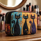 Cat Wonder quilted make-up bag with tall cats in black, teal and purple on colour blocks