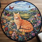 Catnap Meadow round quilted mat – ginger cat in meadow