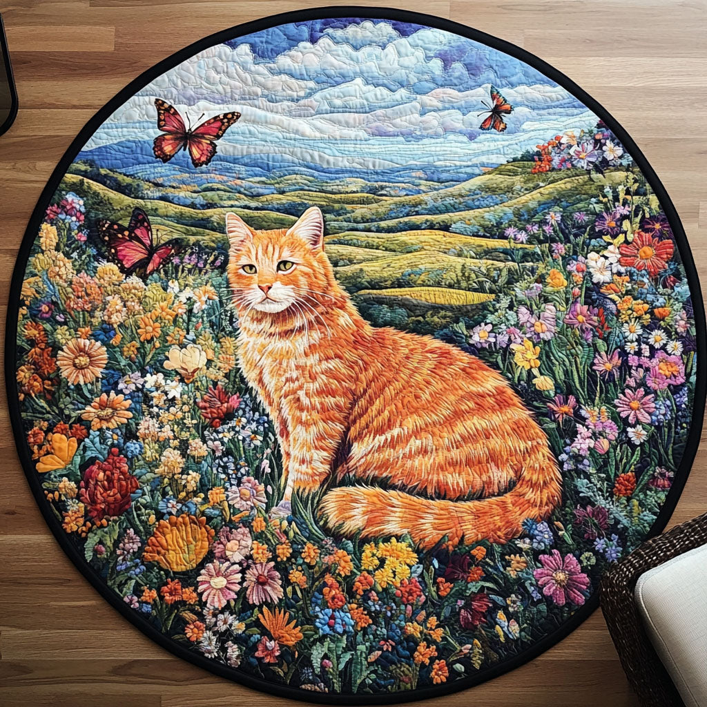 Catnap Meadow round quilted mat – ginger cat in meadow