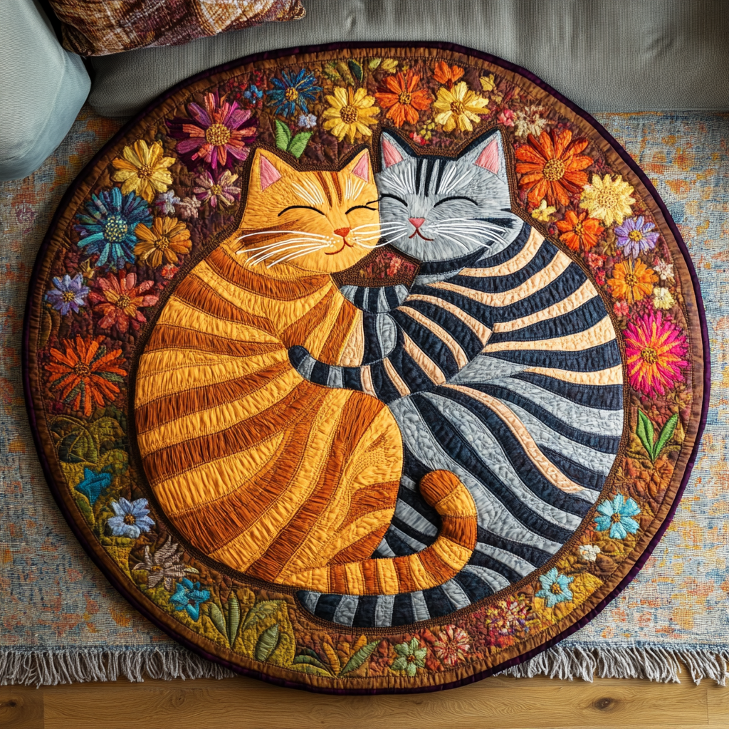 Catnap Delight round quilted mat – two cats cuddling