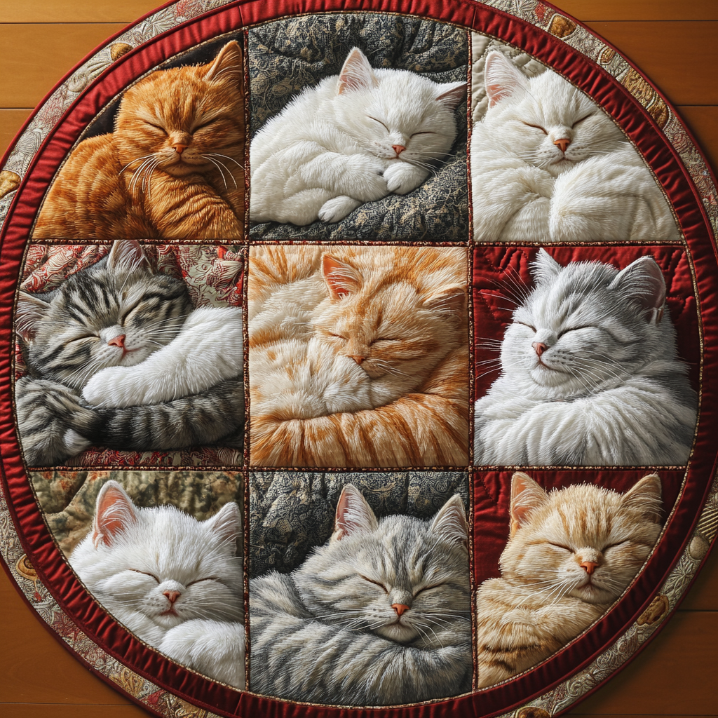Catnap Quarters round quilted mat – cats in patchwork squares