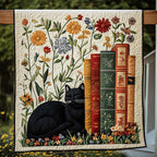 Black Cat and Books quilted throw – black cat beside books and wildflowers
