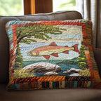 River Trout quilted pillowcase – rainbow trout framed by patchwork