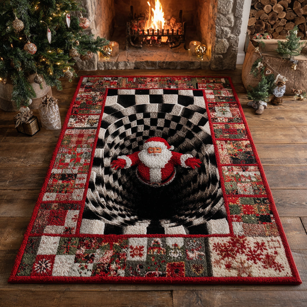 Midnight Santa rug – santa in a chequered tunnel