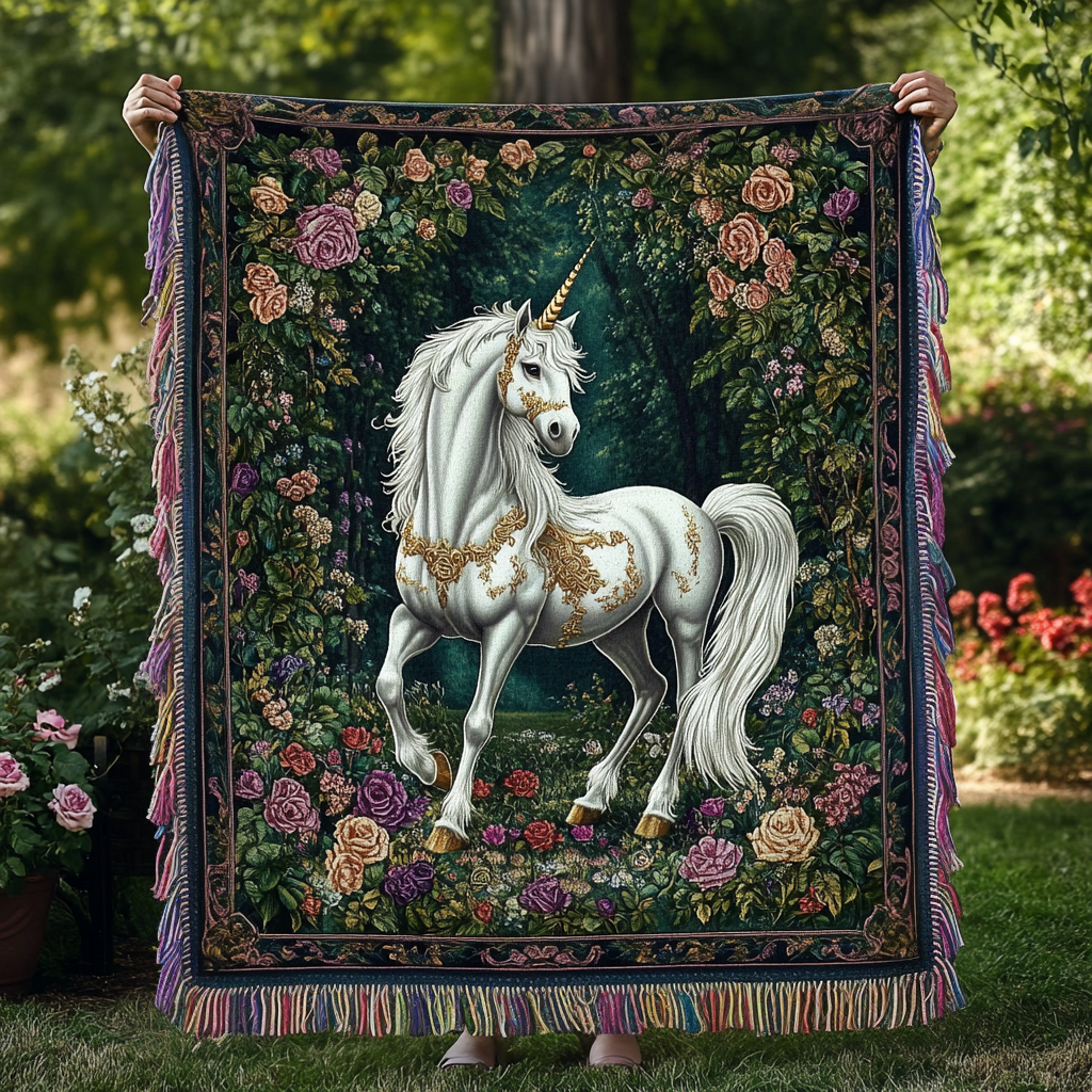 Garden Horse woven sofa throw – white horse framed by roses