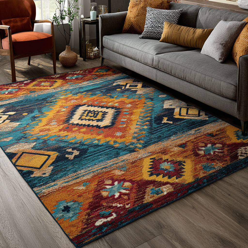 Celestial Canvas rug – teal and orange diamonds