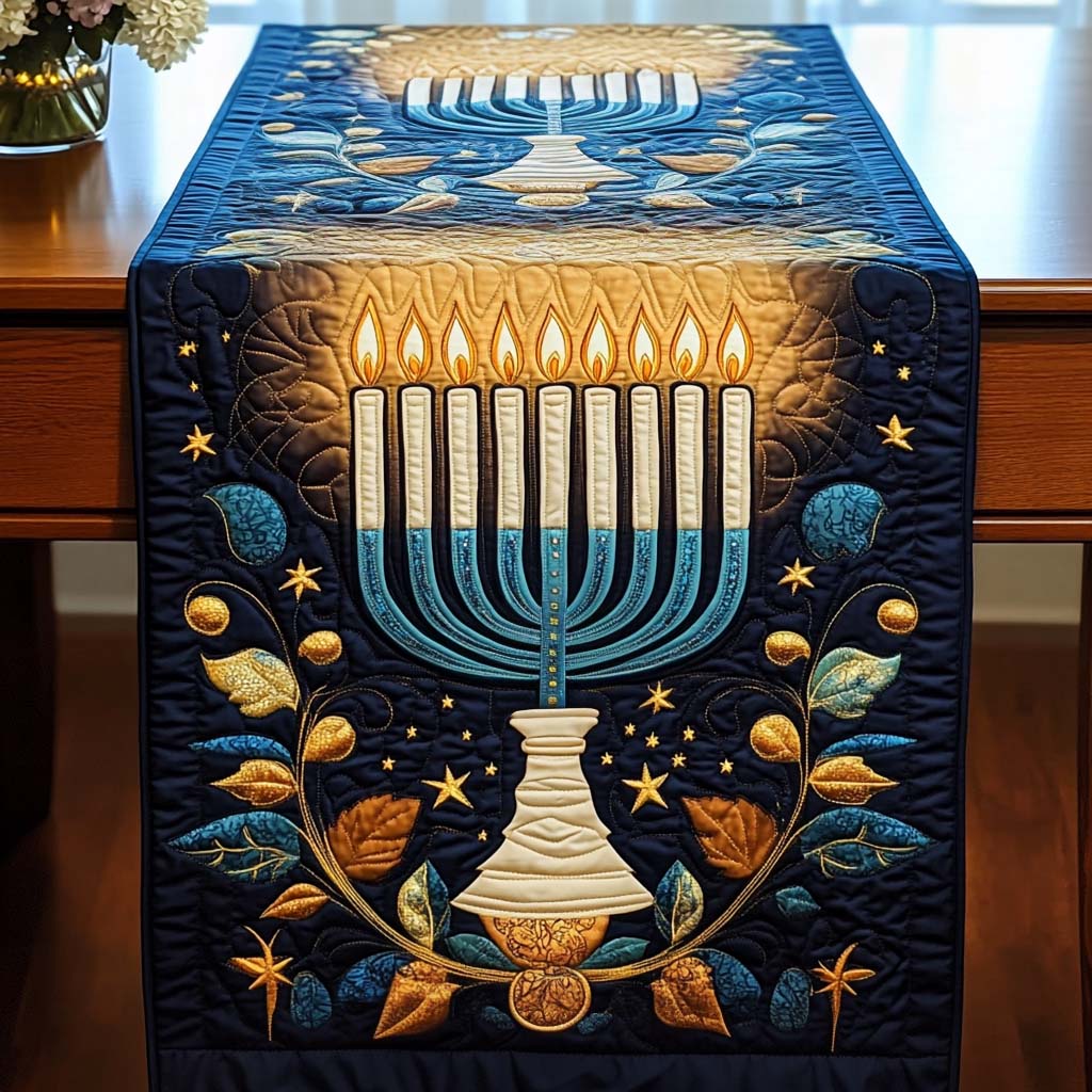Golden Menorah quilted table runner – golden menorah on navy