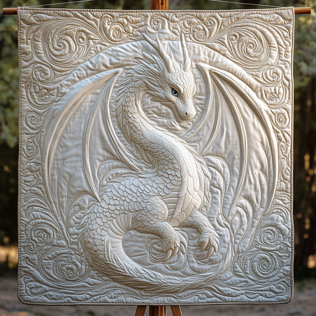 White Dragon quilted throw – white dragon on soft cream