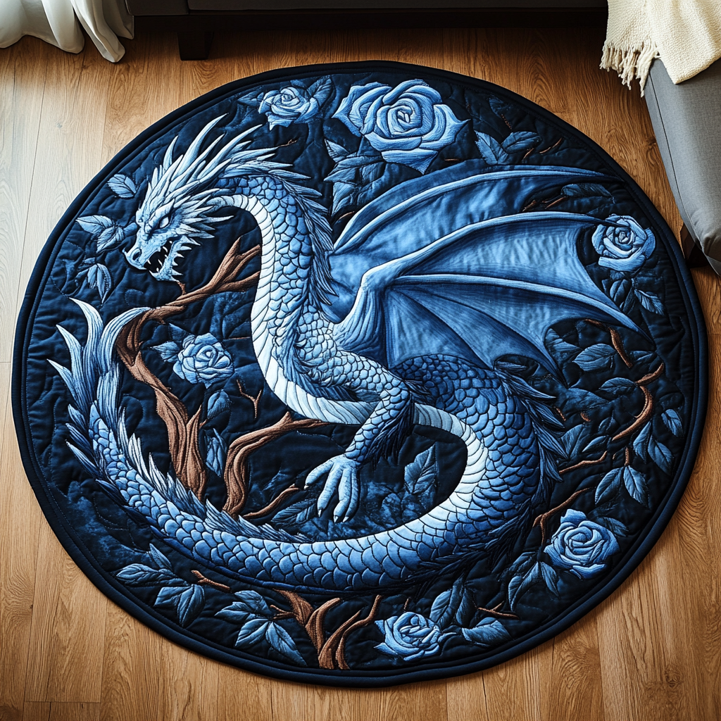 Celestial Dragon round quilted mat – blue dragon and roses