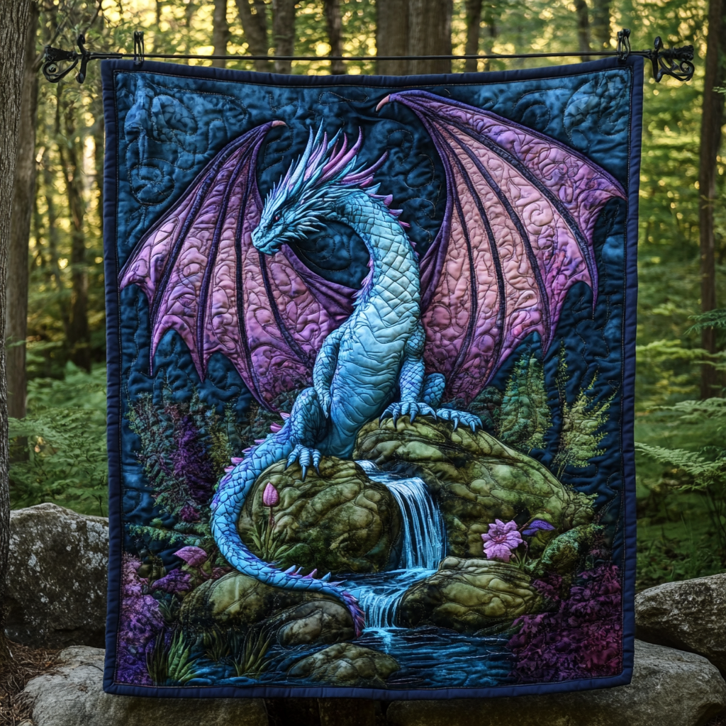 Waterfall Dragon quilted throw – blue dragon on mossy rocks by a waterfall