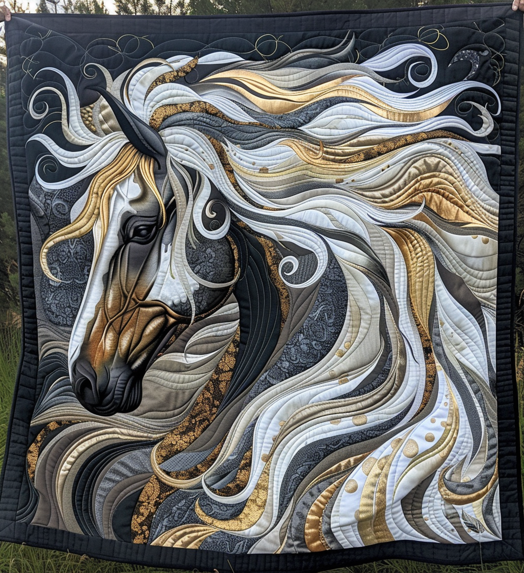 Silver Mane Horse quilted throw – grey horse with a swirling silver mane