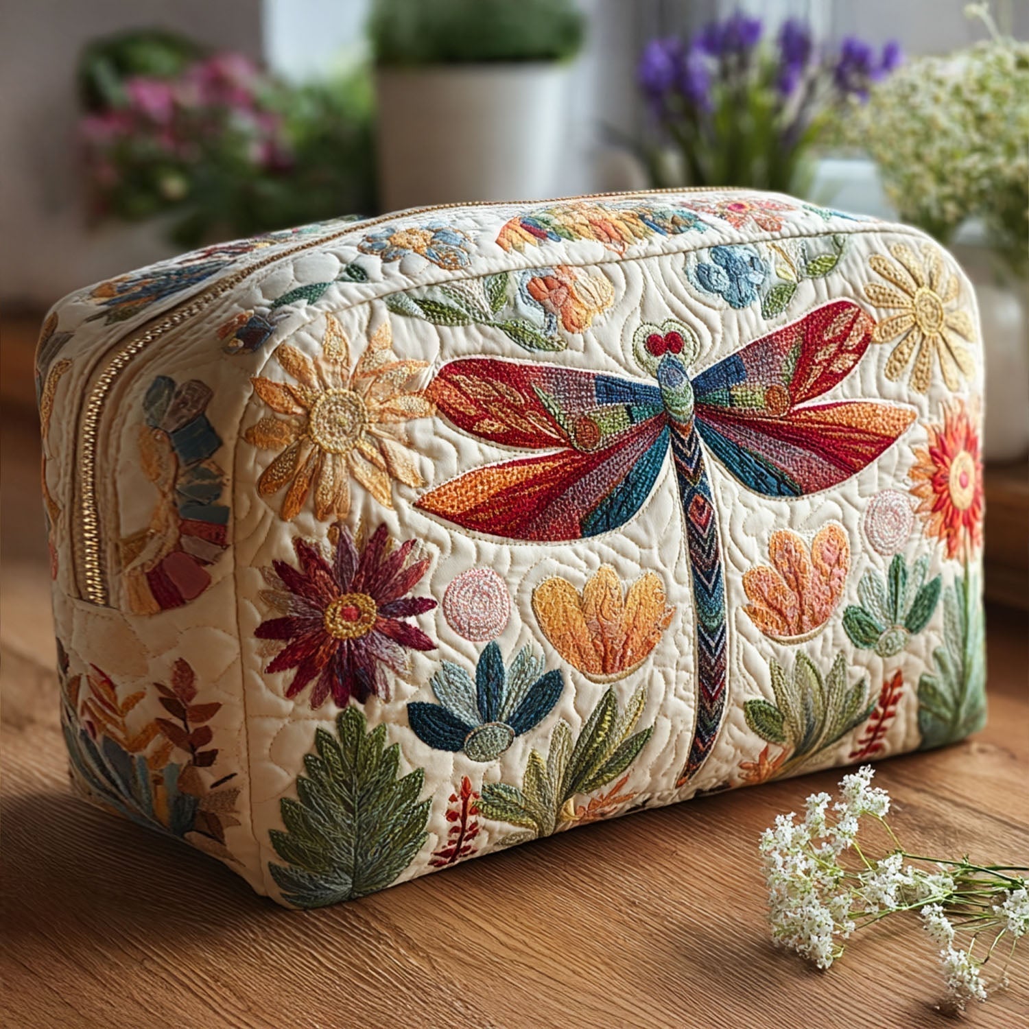 Quilted make-up bag with the Celestial Hover design of dragonflies among folk-art flowers and small starry marks on a deep quiet ground