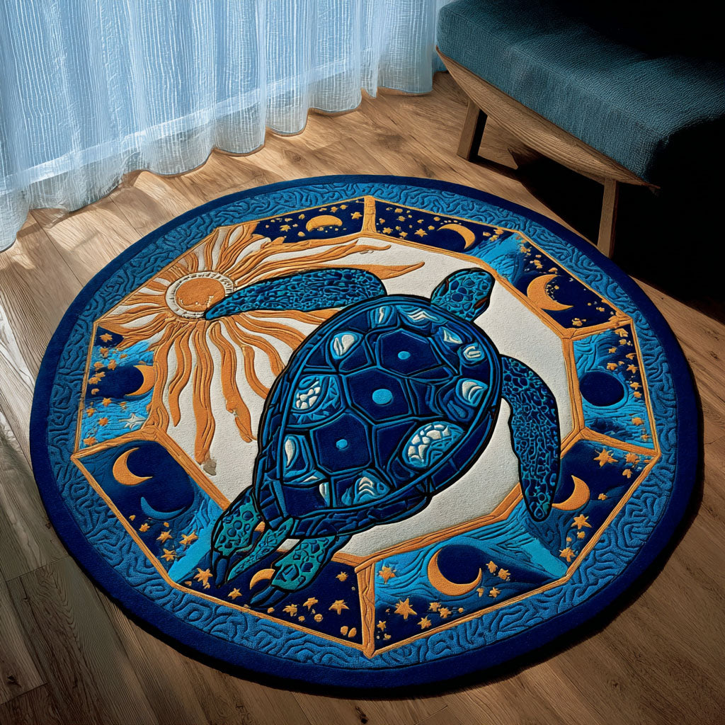 Celestial Voyage round rug – turtle and sun