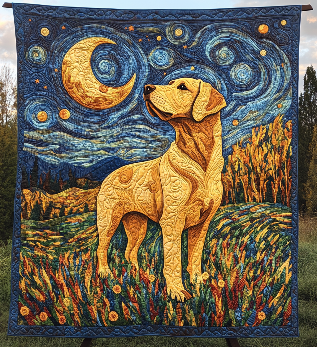 Starry Night Labrador quilted throw – yellow Labrador under a swirling starry sky