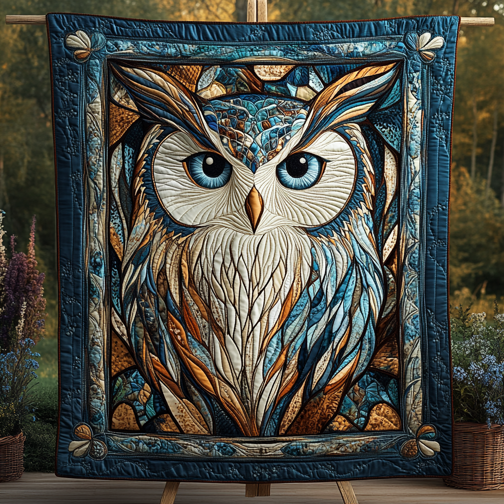 Stained Glass Owl quilted throw – blue-eyed owl in stained glass colour