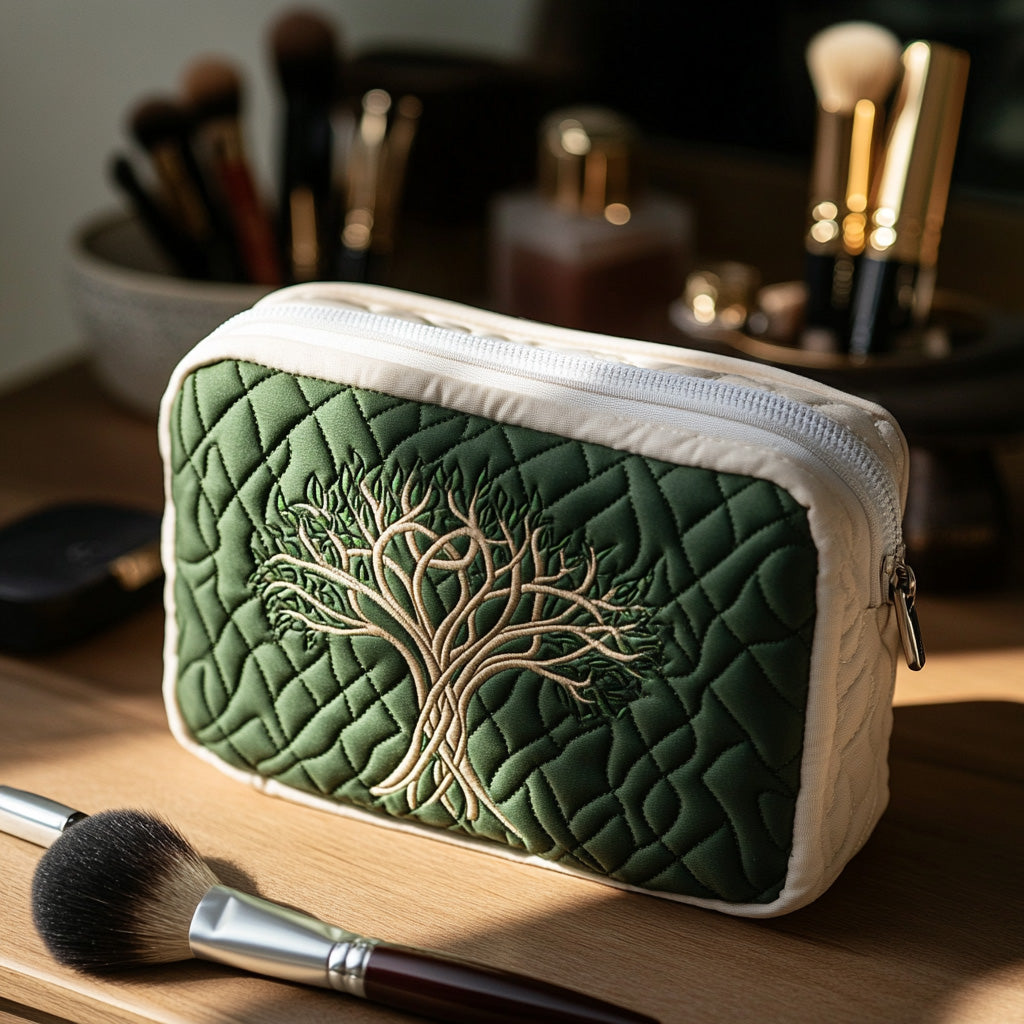 Celestial Roots quilted make-up bag with white tree of life stitched on sage green quilting