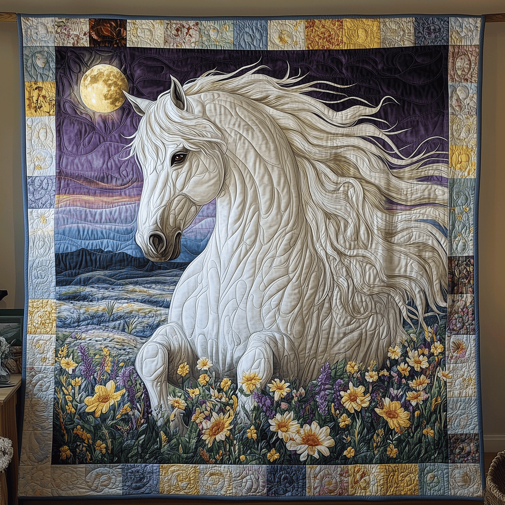 Moonlit White Horse art quilt – white horse by moonlight