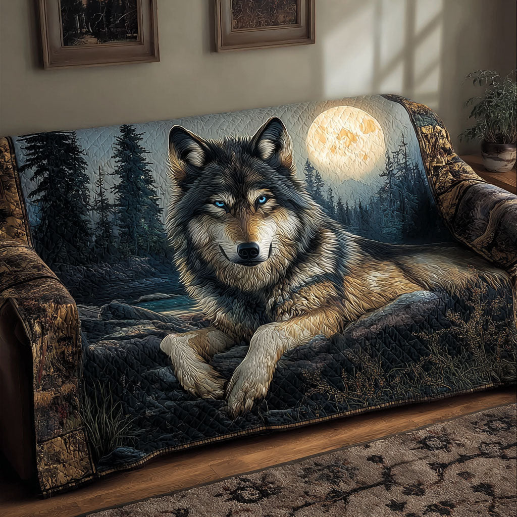Moonlit Wolf quilted sofa cover – wolf beneath a full moon