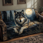 Moonlit Wolf quilted sofa cover – wolf beneath a full moon