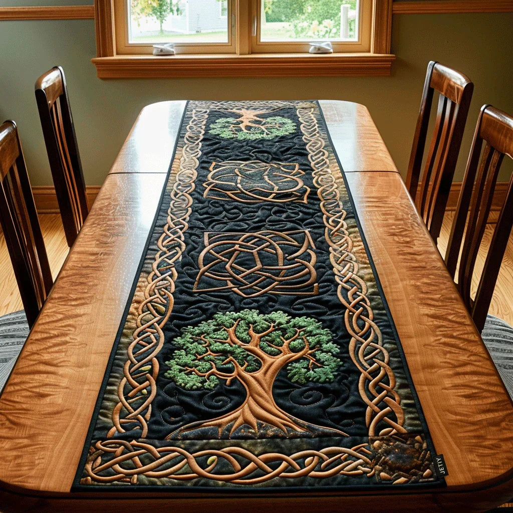 Quilted table runner with a Celtic Spirit Tree design of a knotwork tree turning inside a ring of Celtic braid in deep green and bronze, its roots mirroring the branches
