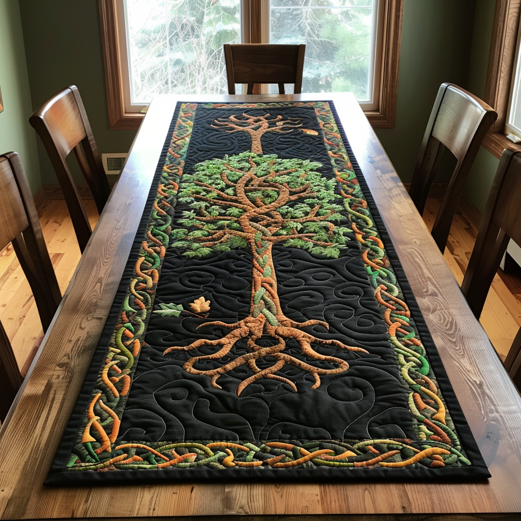 Celtic Root Tree quilted table runner – tree with Celtic roots on black