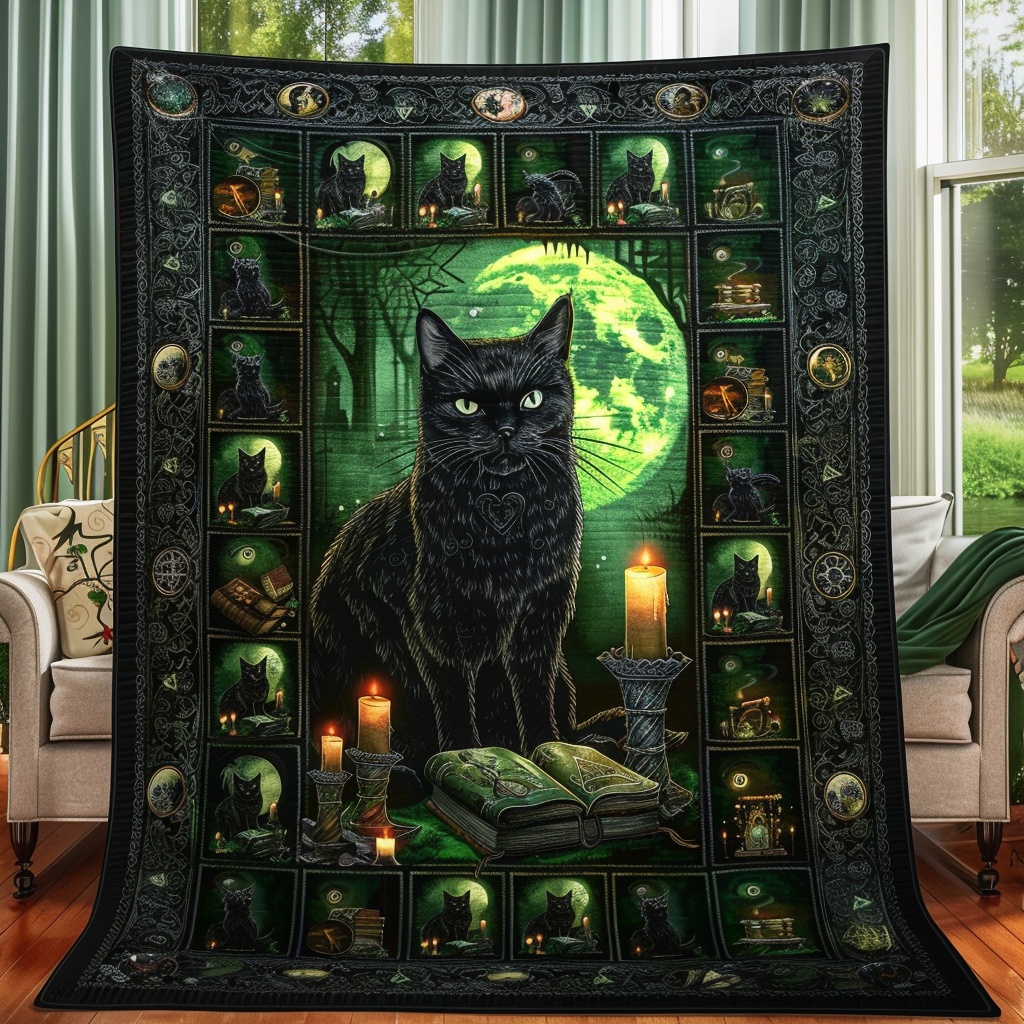 Black Cat and Green Moon quilted throw – black cat beneath a green moon with candles