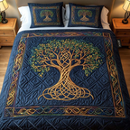 Celtic Roots Navy quilted bedspread set – golden tree of life on navy with a Celtic frame