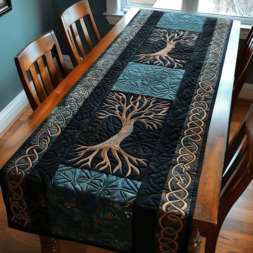 Ancient Roots Patchwork quilted table runner – rooted trees in teal panels