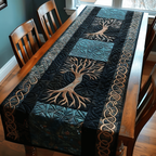 Ancient Roots Patchwork quilted table runner – rooted trees in teal panels