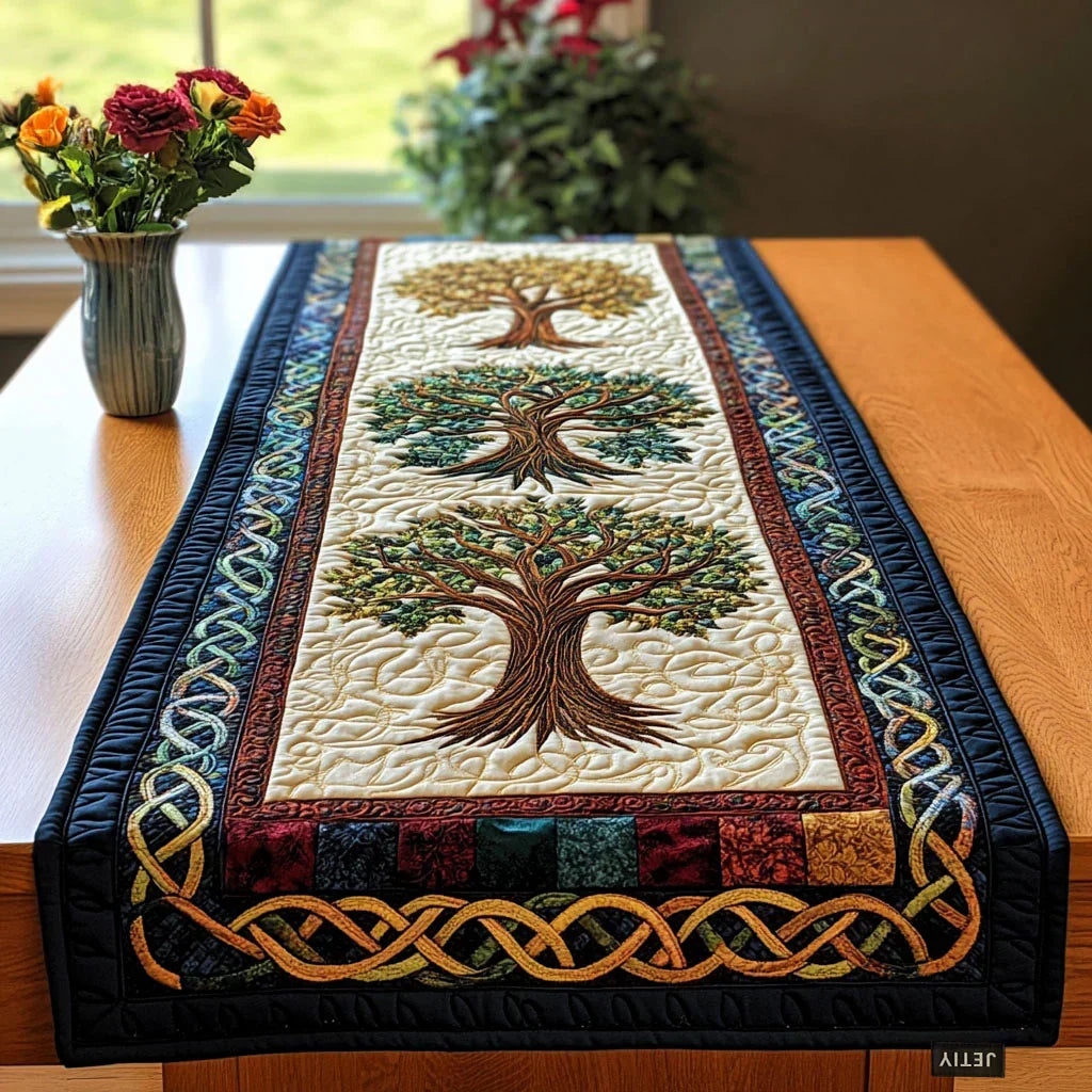 Quilted table runner with a Celtic Tree of Life design of a spreading tree drawn in unbroken gold knotwork on deep green