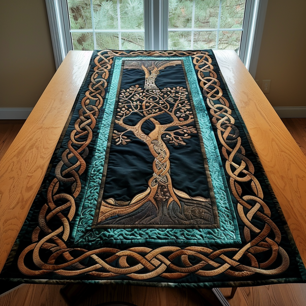 Tree of Wisdom quilted table runner – tree inside a Celtic frame