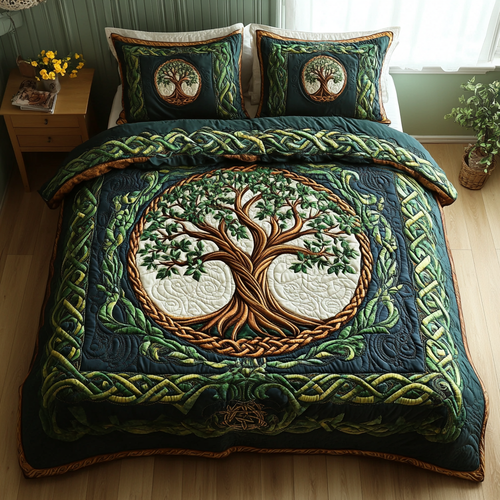 Celtic Canopy quilted bedspread set – green tree of life on forest green