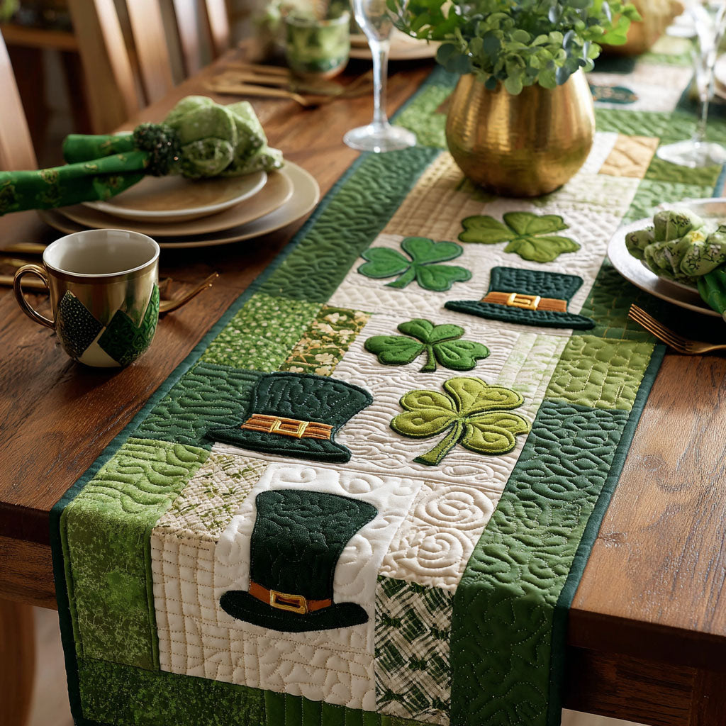 Lucky Shamrocks quilted table runner – shamrocks and green hats