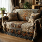Celtic Harmony quilted sofa cover with a gold Tree of Life on soft stone and taupe with Celtic knot side panels