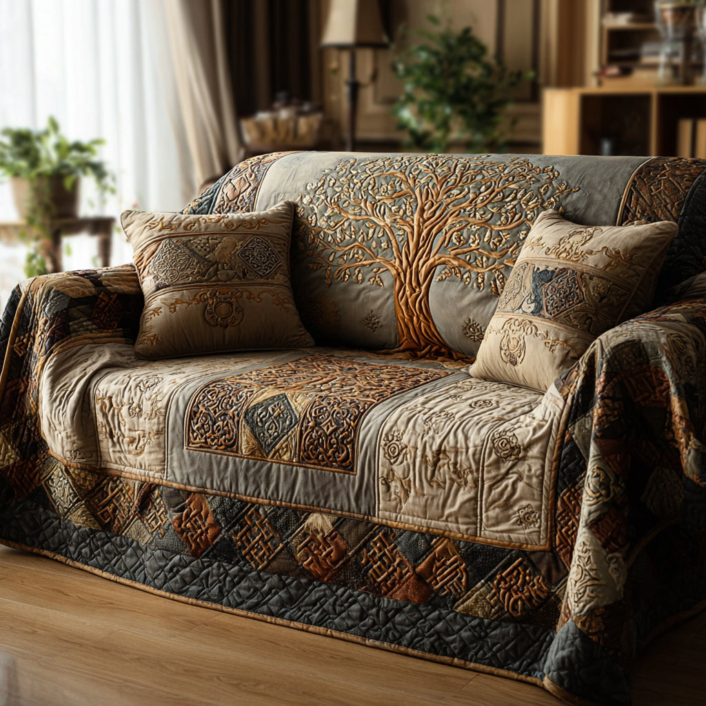 Celtic Harmony quilted sofa cover with a gold Tree of Life on soft stone and taupe with Celtic knot side panels