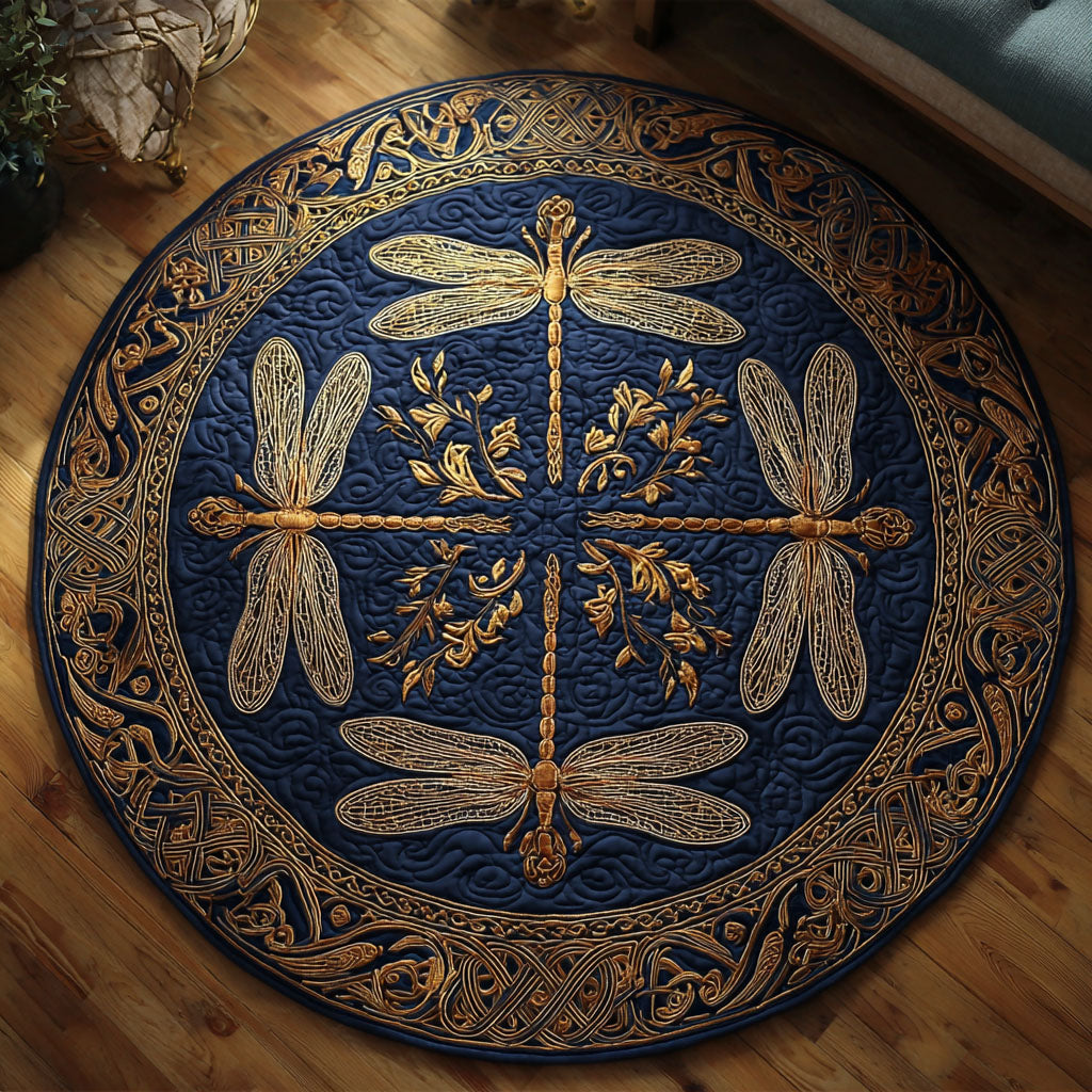 Celtic Quartet round quilted mat – four dragonflies on navy