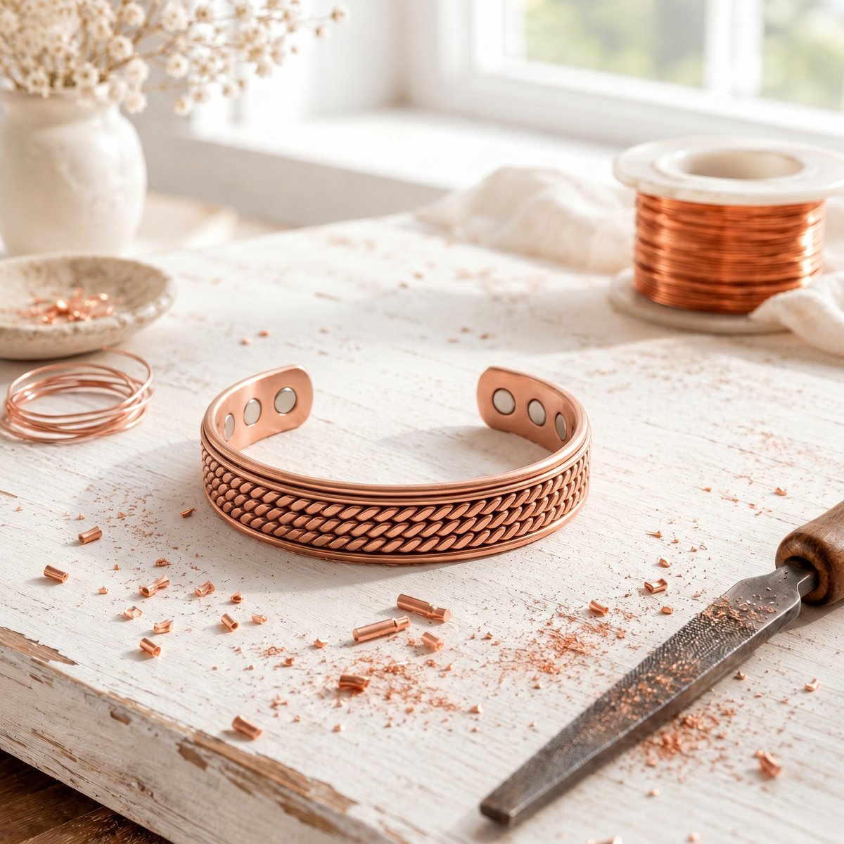 Magnetic copper cuff with rows of braided copper rope
