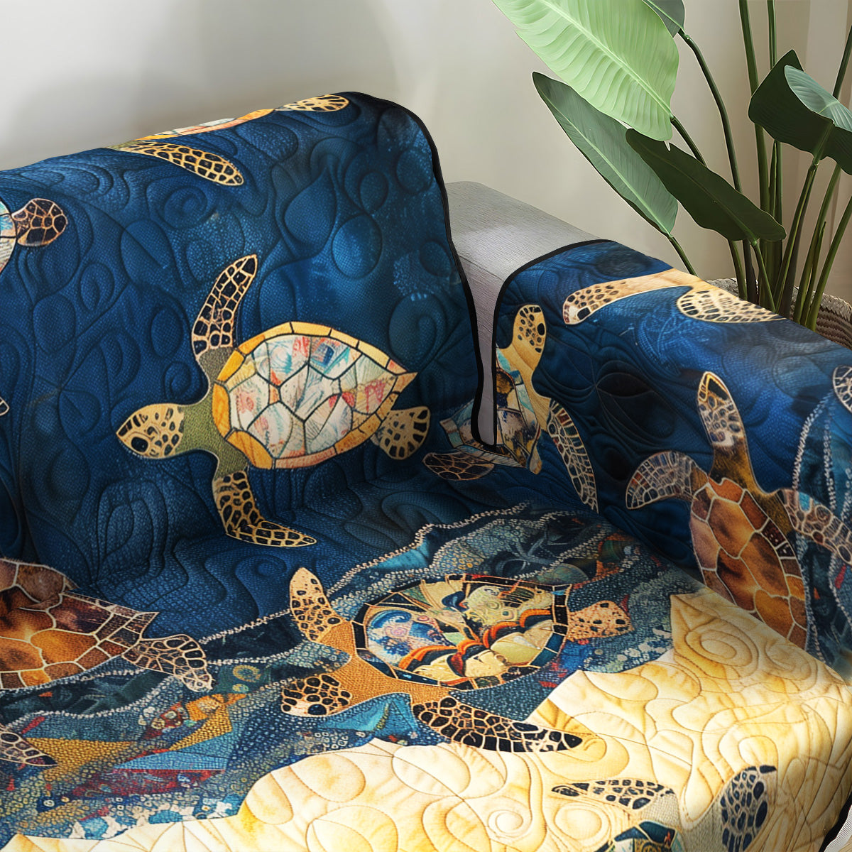 Golden Sea Turtles quilted sofa cover – golden turtles on deep blue waves