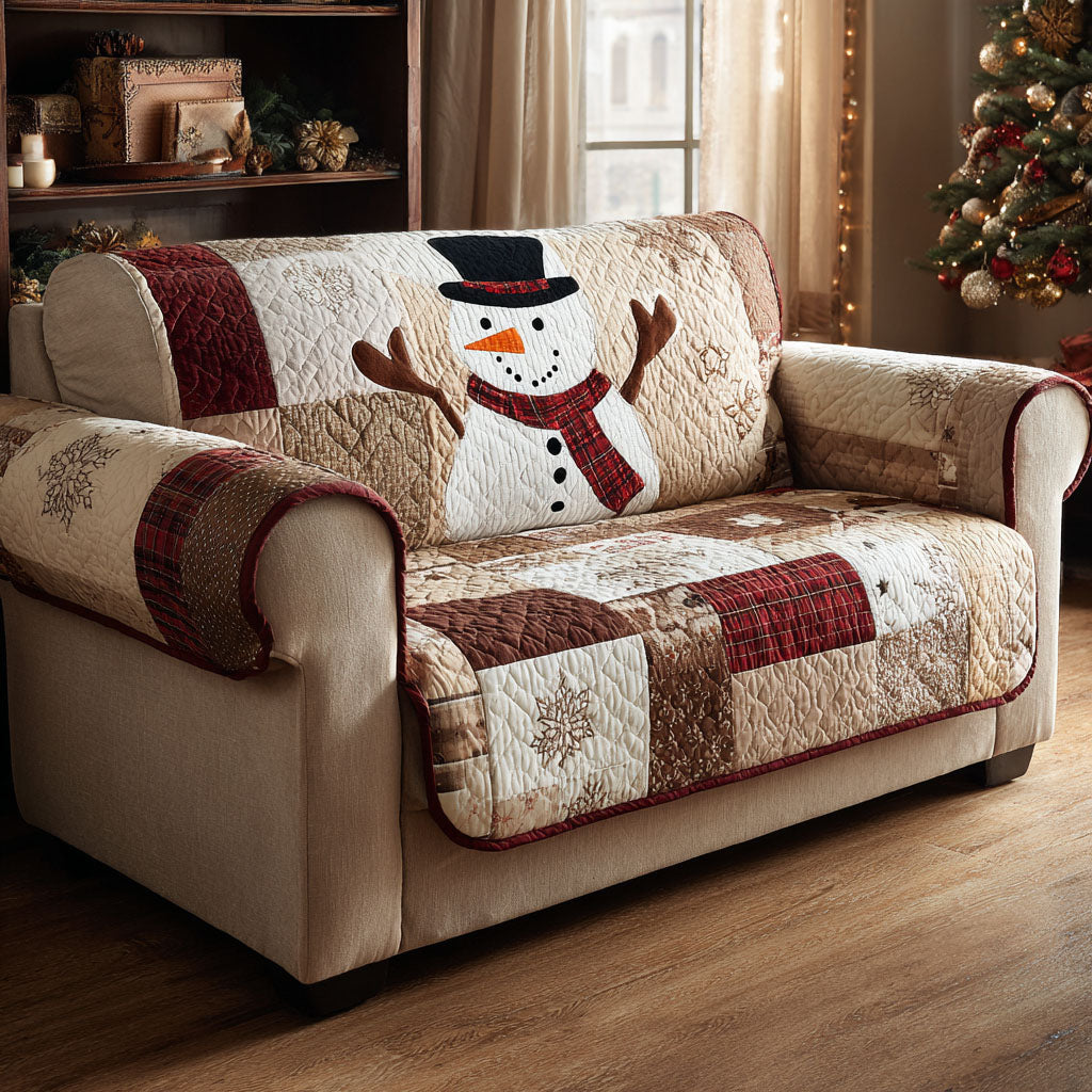 Top Hat Snowman quilted sofa cover – snowman in a top hat on cream