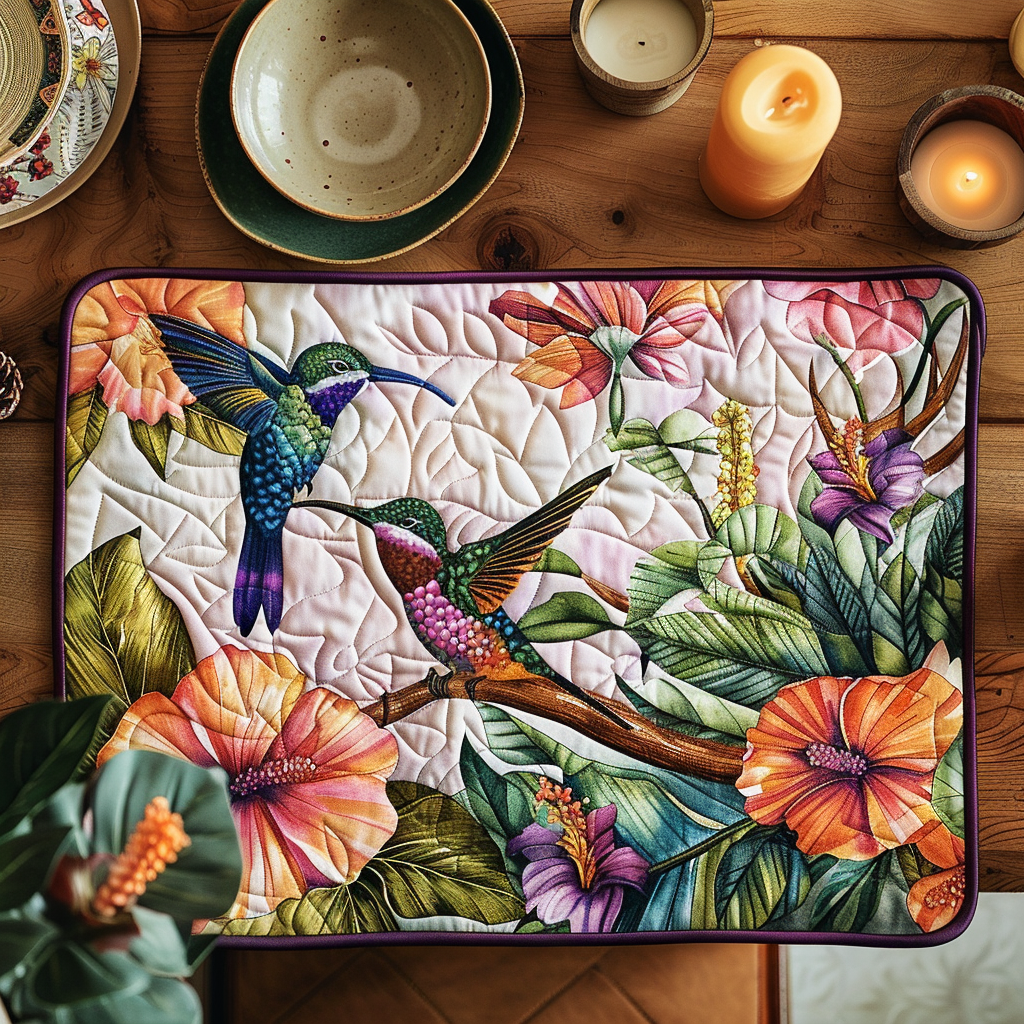 Charming Hummingbirds quilted placemats – hummingbirds and hibiscus