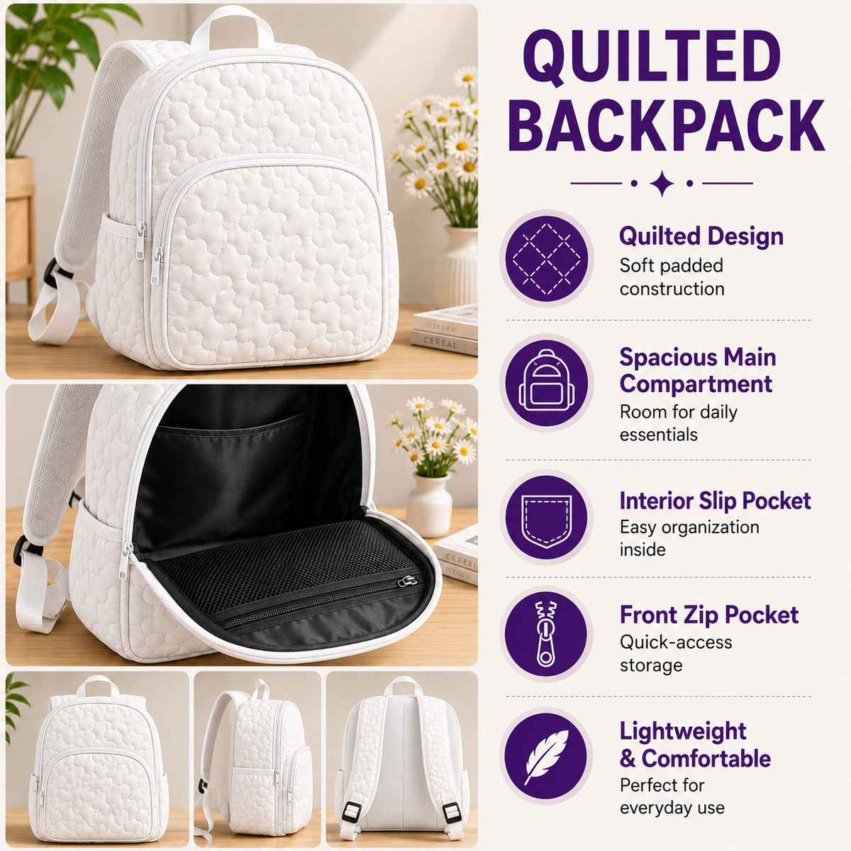 Quilted backpack features: soft padded quilted construction, spacious main compartment, interior slip pocket, front zip pocket and lightweight comfortable straps