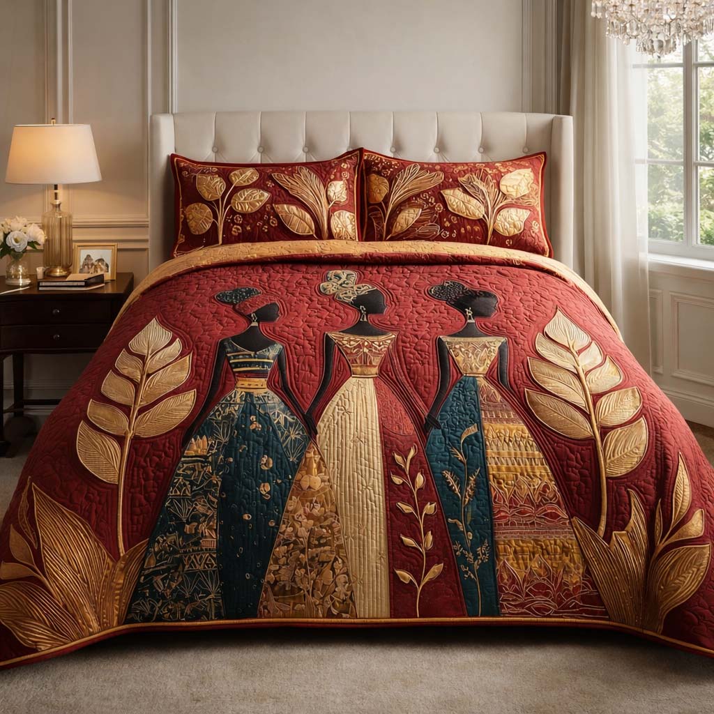 Close-up of the wave-stitch quilting on the Golden Queens bedspread
