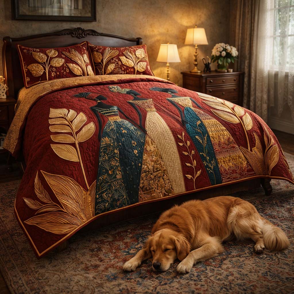 The Golden Queens quilted bedspread set on a made bed
