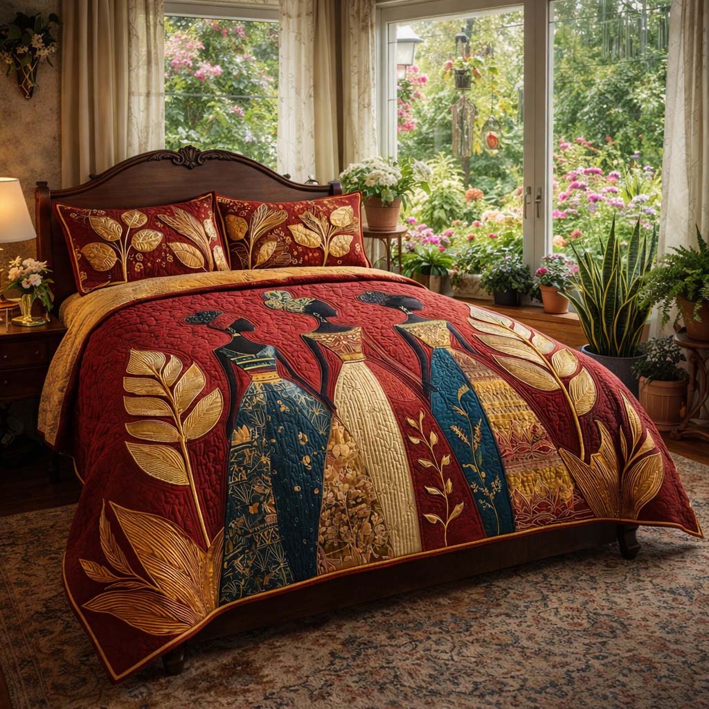 Two matching pillow shams from the Golden Queens quilted bedspread set