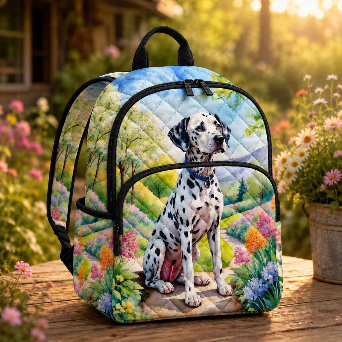 Artisan quilted backpack with a spotted dalmatian framed by leaves, stems and open garden flowers