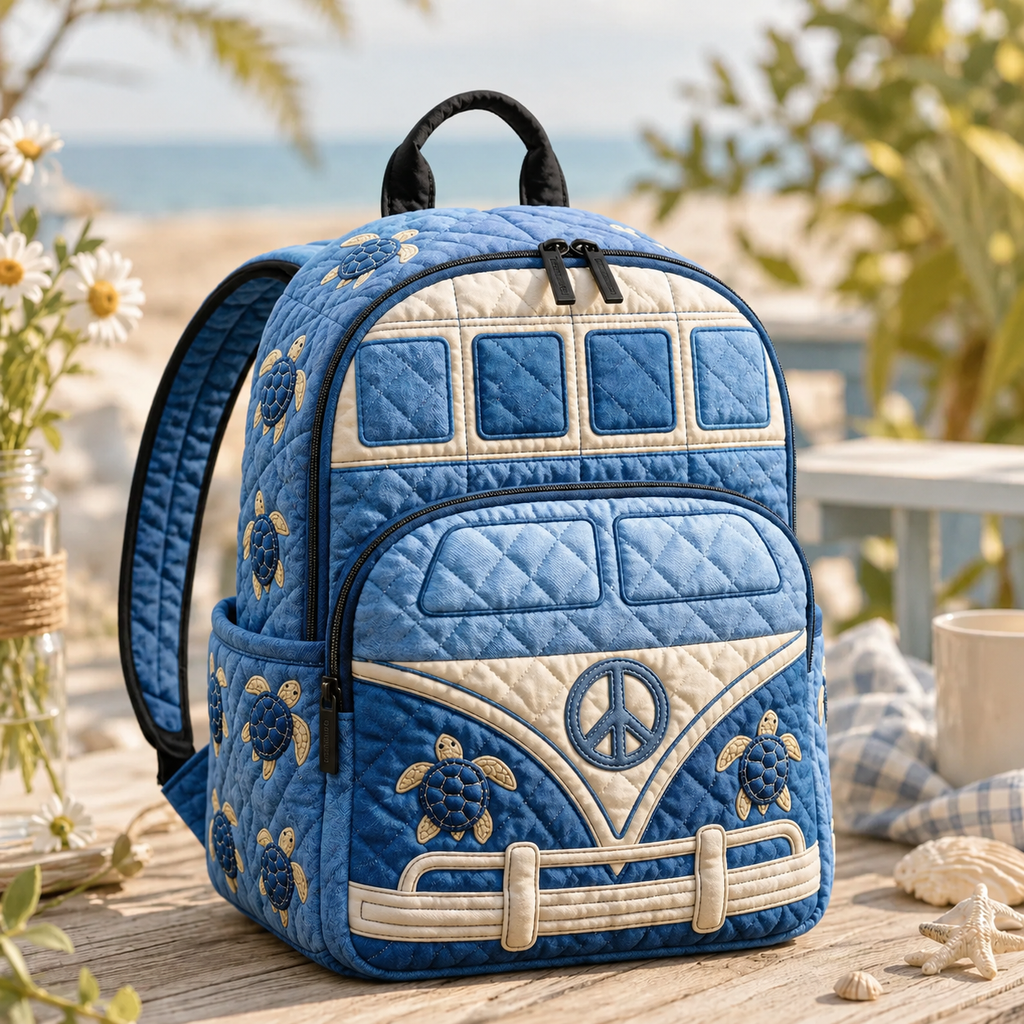 Artisan quilted backpack with a sea turtle and a camper van on a faded denim-blue ground