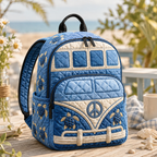 Artisan quilted backpack with a sea turtle and a camper van on a faded denim-blue ground