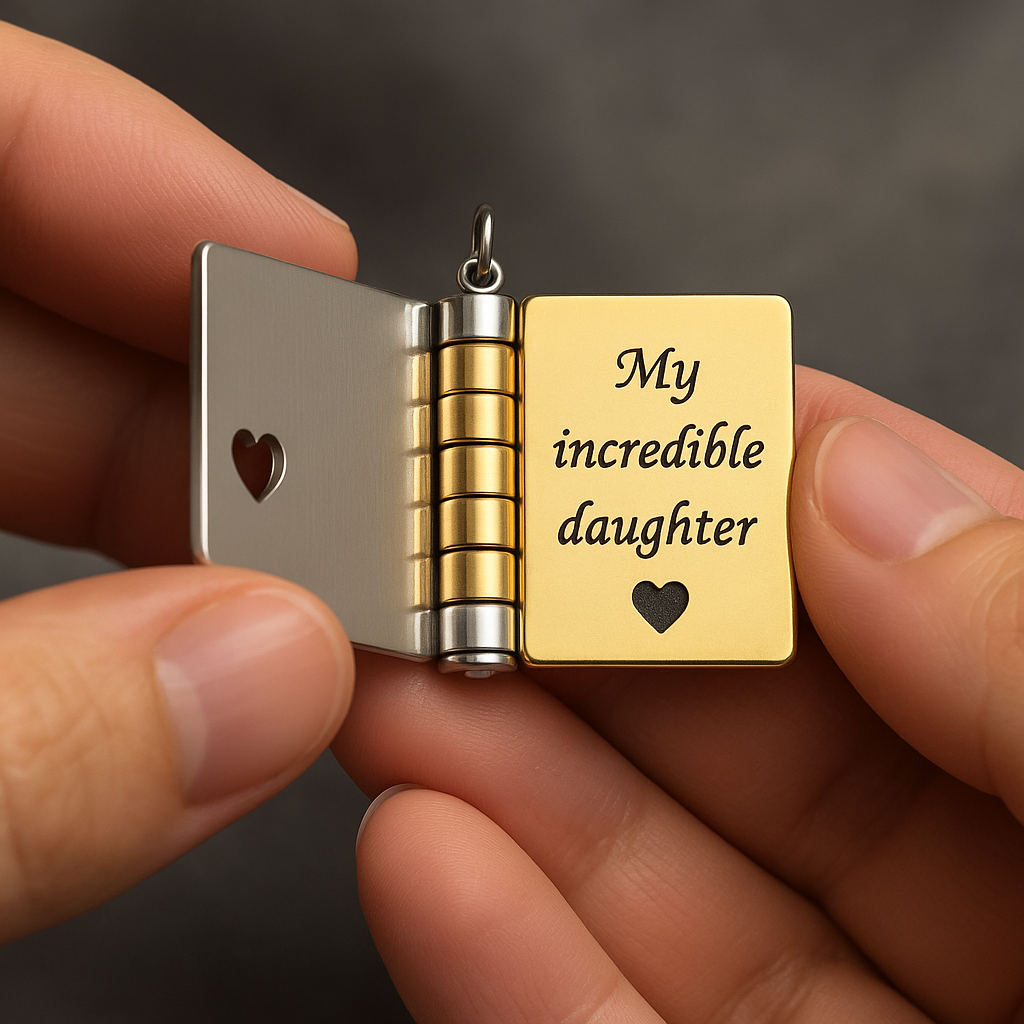 Book-shaped locket necklace with a message for a daughter
