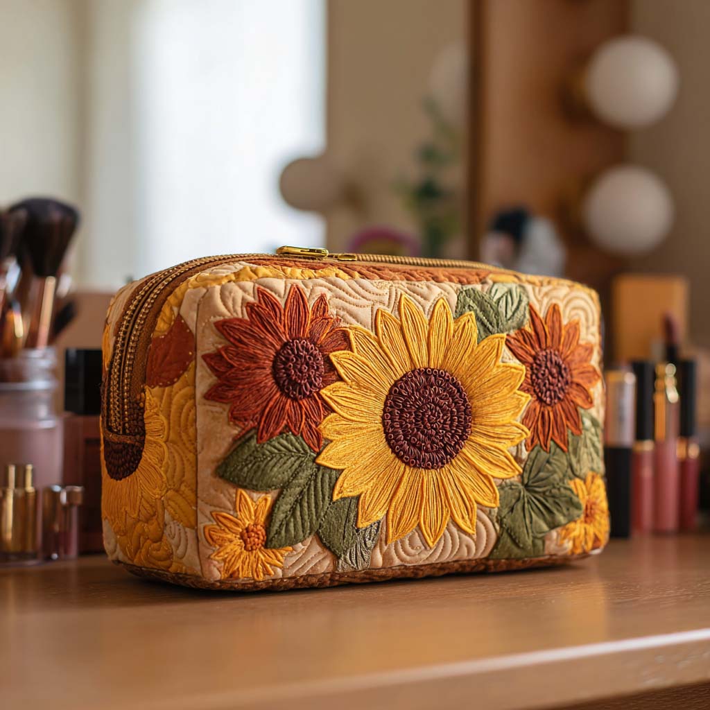 Quilted make-up bag with the Cheerful Charm design of sunflowers and small daisies in golden yellow and warm cream on padded quilting
